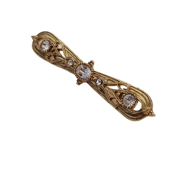 1928 Brand Gold Tone Clear Rhinestone Bar Brooch Pin E883 - Picture 3 of 8